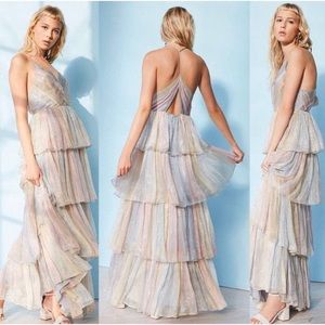 Kimchi Blue “Tiers of the Ocean” rainbow metallic maxi dress